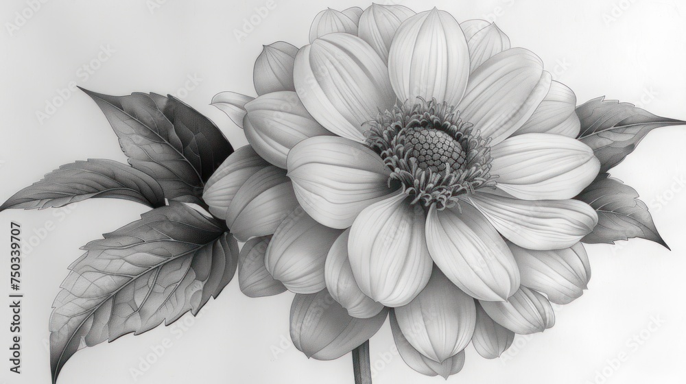  a black and white photo of a large flower with leaves on it's stem and a smaller flower with leaves on it's stem, on a white background.