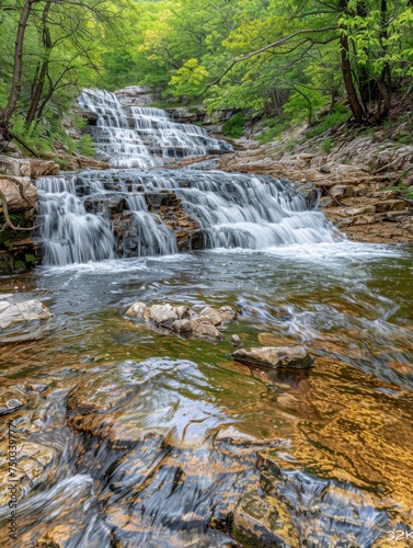 A waterfall is flowing down a rocky hillside