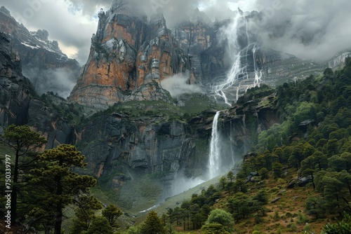 A mountain range with a waterfall in the foreground photo