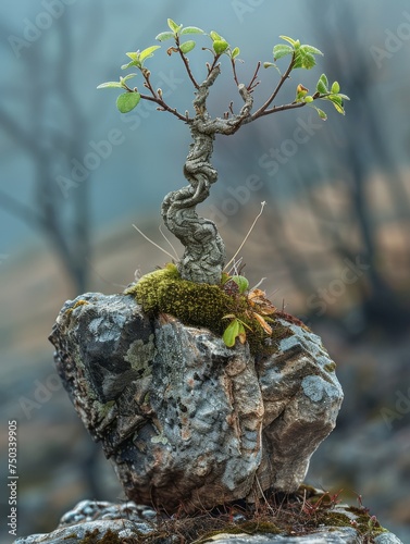 A small tree is growing on a rock