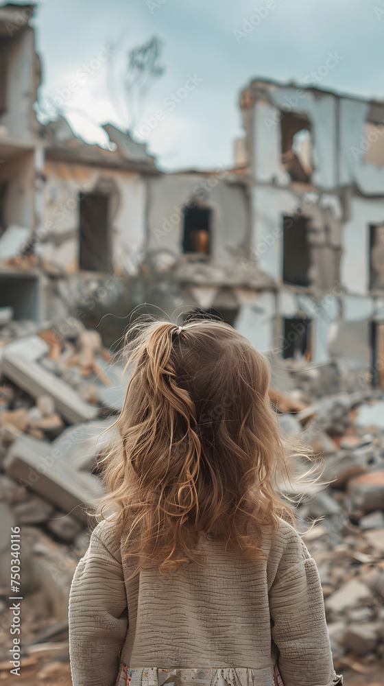 Sad Little Girl Amidst War's Ruins