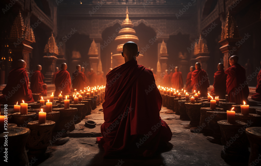 monks in front of lit candles in a temple, in the style of serene atmospheric perspective, rich color palette, beautiful, maroon  - obrazy, fototapety, plakaty 