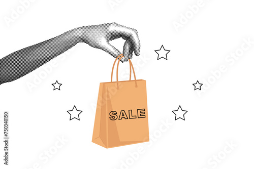 Trendy halftone collage. Poster template about a sale. Hand holding a package. Special offer, discounts, sale. Online shopping. Announcement and marketing. Modern vector art 