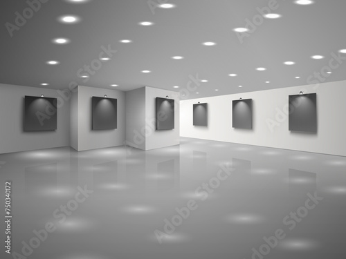 Empty white hall interior with blank black canvases