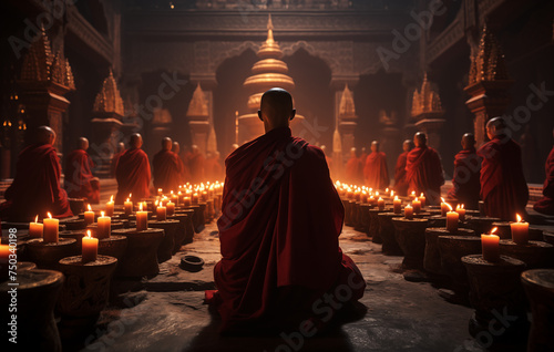 monks in front of lit candles in a temple, in the style of serene atmospheric perspective, rich color palette, beautiful, maroon 