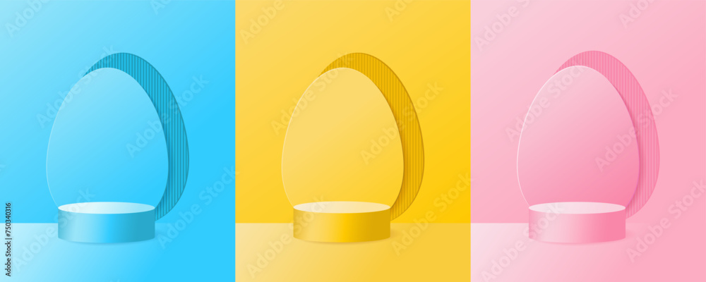 Set of 3D backgrounds with Easter holiday. Yellow, blue, pink and oval egg shaped background in the background. Layout of a shop window. Minimal stage showcase
