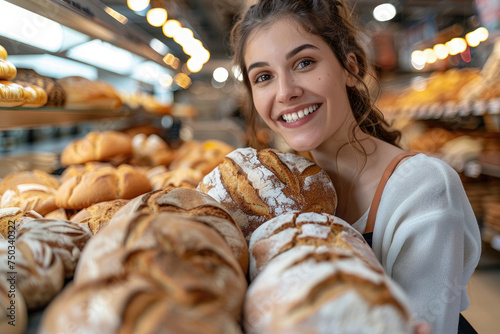 Happy woman buy bread in the bakery shop in the supermarket