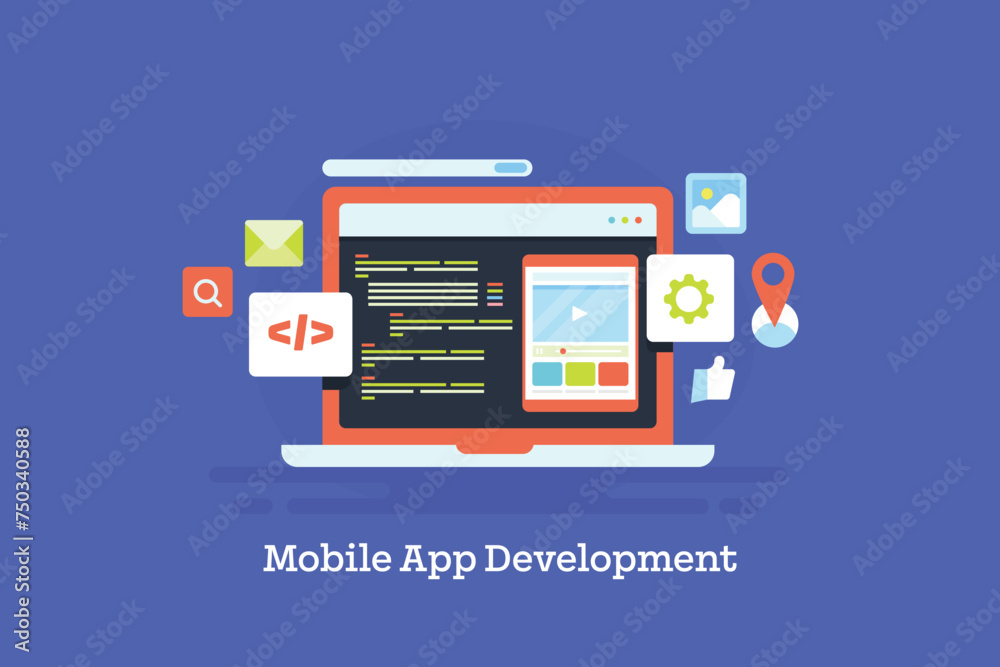 Mobile app development programming coding application design interface, script on laptop screen, business software testing, conceptual vector illustration. Mobile app development programming coding application design interface, script on laptop screen, business software testing, conceptual vector illustration.