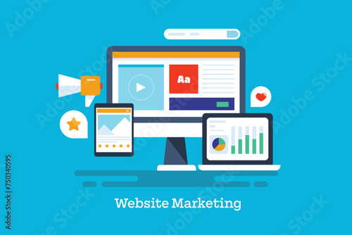 Digital marketing website content, blog post and social media analytics data on screen, business intelligence conceptual vector illustration. 