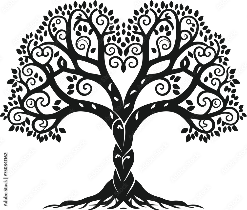 Vector black tree with roots and hearts vector stock illustration