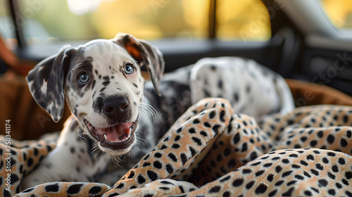 cute and curious dalmation puppy, laying in dog basket