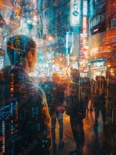 A blurry image of a city street with people walking