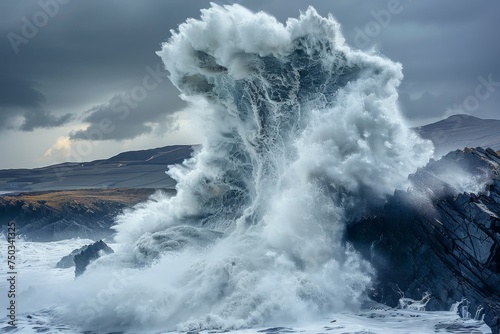 A large wave is crashing into a rocky shore