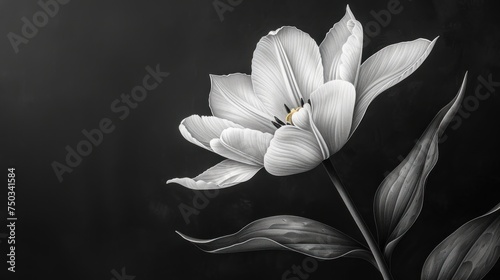  a black and white photo of a flower with a yellow stamen in the middle of the flower and a black background with a yellow stamen in the middle.