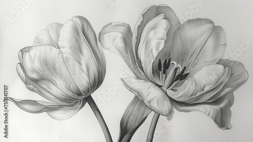  a black and white photo of two tulips on a white background with a black and white photo of two tulips in the middle of the image.