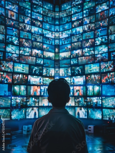 A man stands in front of a wall of television screens