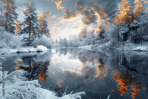 A snowy landscape with a lake and trees