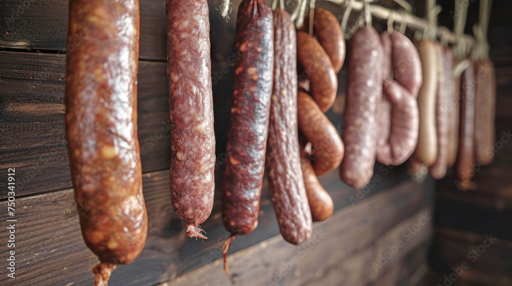 Fototapeta premium Sausages Hanging From Line, Smoked, Homemade Sausage Collection in Farm Cellar