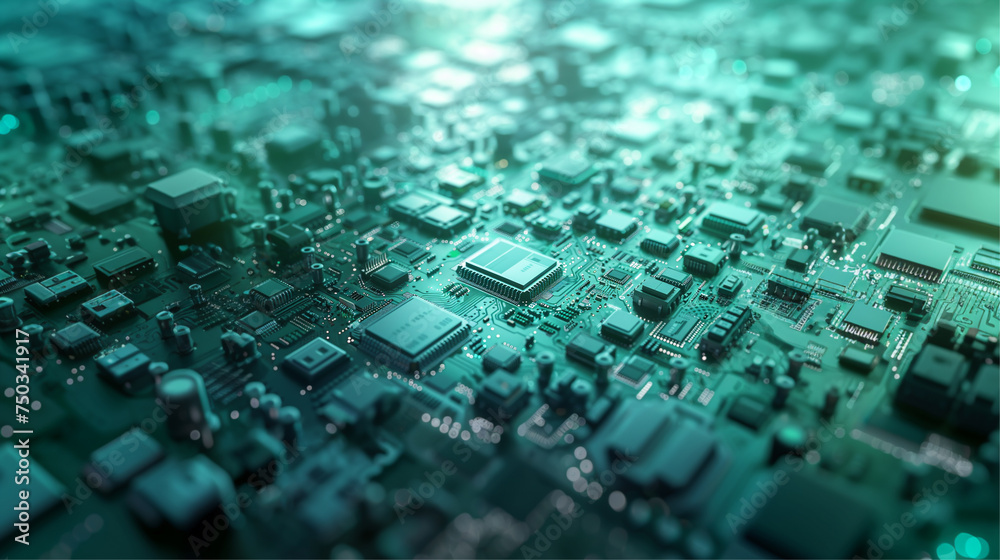 Abstract futuristic background in mint colors. Abstract microcircuits and processors. AI generative