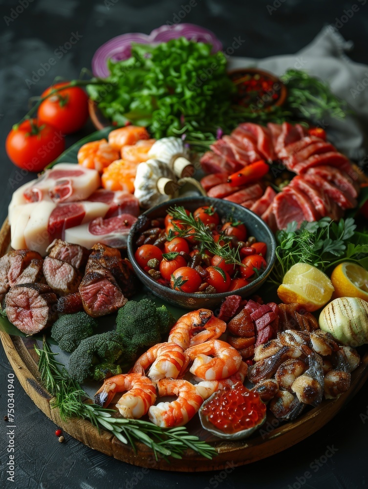 A platter of food with a variety of meats and vegetables
