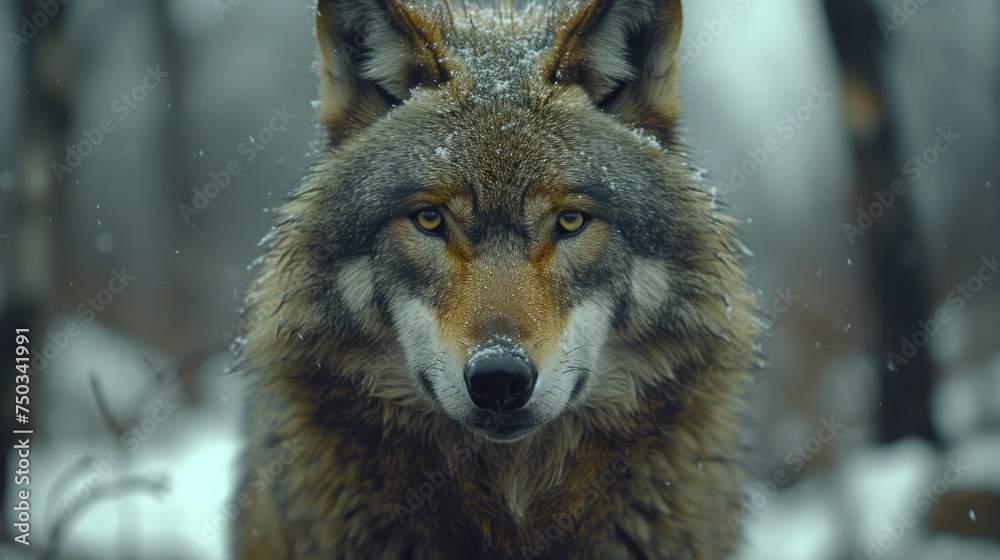  a close up of a wolf's face with snow on the ground in the foreground and trees in the background with snow on the ground and trees in the foreground.