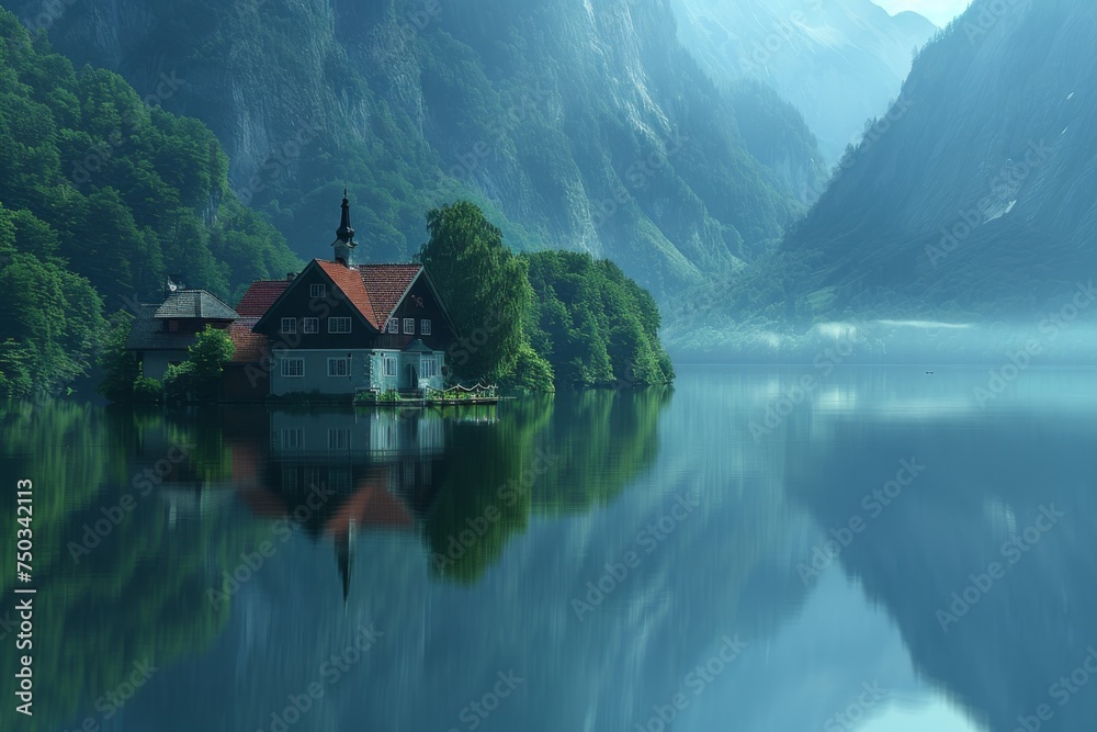 Fototapeta premium A small house sits on a lake surrounded by trees