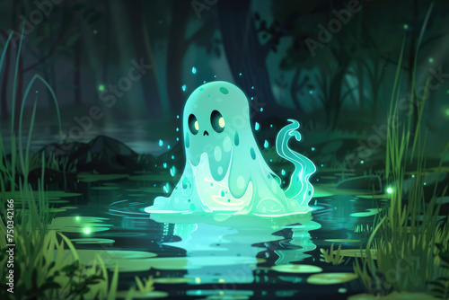 Lovely cartoon character of cute glowing death ghost in a magical swamp © Kien