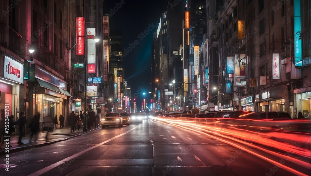A bustling city street at night, captured in a long exposure photograph, where the lights of moving cars blur into vibrant streaks against a dark backdrop Generative AI