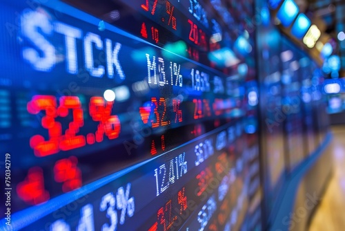 A stock market board with red numbers and a blue background