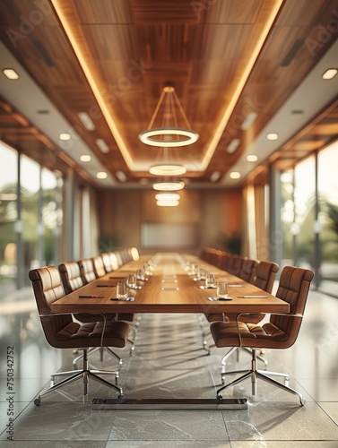 A large conference room with a long wooden table and many chairs