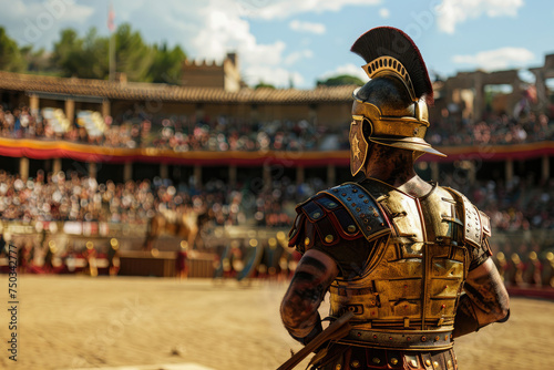 Man costumed has a gladiator portrait in middle of the arena photo