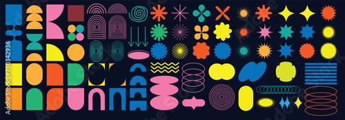 Colorfull geometric brutalism shapes set. New modern elements swiss style isolated on black background eps 10.