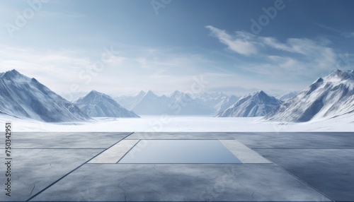 Square concrete floor with amazing winter snow mountain landscape © png sublimation