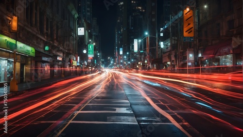 A dynamic abstract image that captures the essence of urban movement at night  highlighting the flow of traffic lights on a city road through long exposure photography Generative AI
