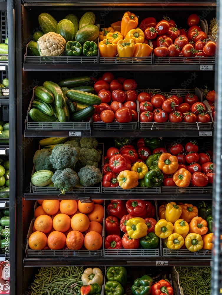 A grocery store with a variety of fresh produce including broccoli, peppers