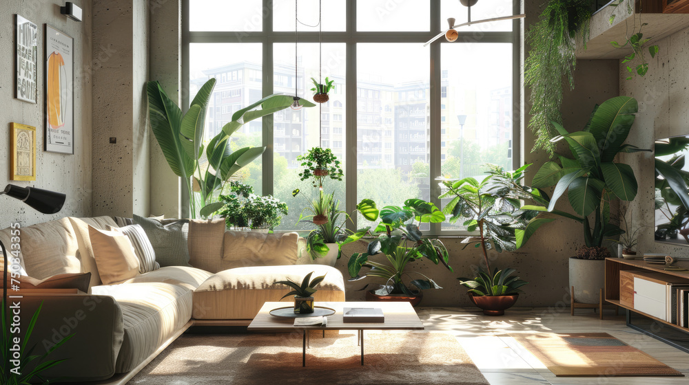 modern light apartment with big windows, many plants