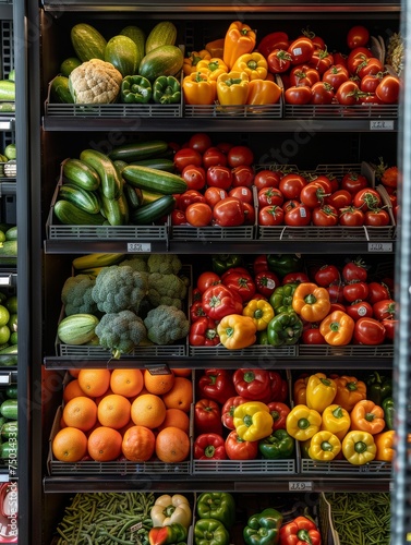 A grocery store with a variety of fresh produce including broccoli  peppers