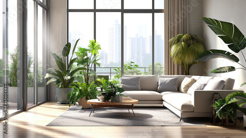 modern light apartment with big windows  many plants
