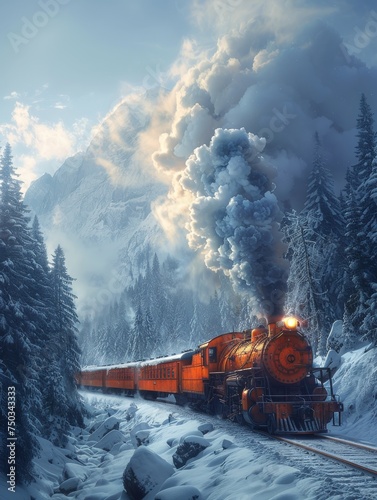 The scene is peaceful and serene, with the train moving through the mountains
