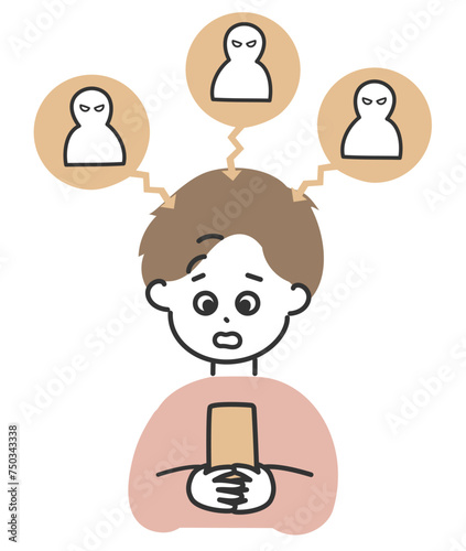 SNSでアンチから誹謗中傷を受けて困っている男性のイラスト