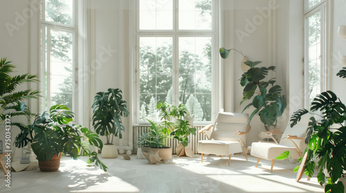 modern light apartment with big windows, many plants