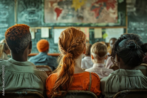 Three girls sit in a classroom, one of them with red hair