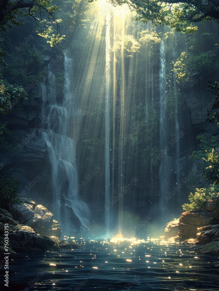 A waterfall with sunlight shining on it