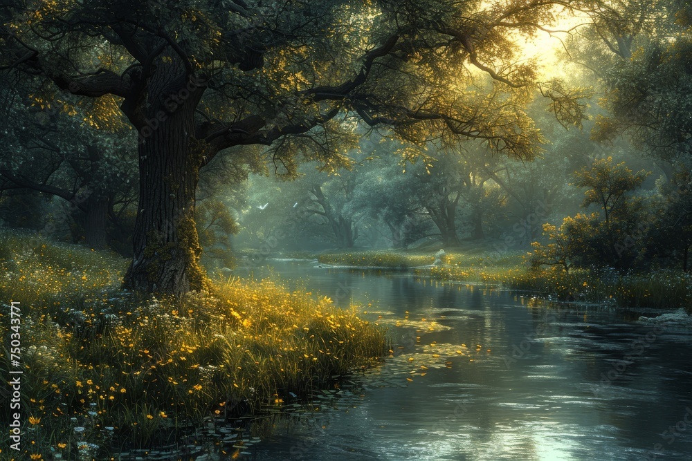 A forest with a river running through it A forest with a river running through it