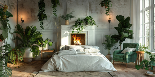 Natural bedroom interior with a cozy, white bed with decorative cushions standing between a fireplace and a green armchair, many plants