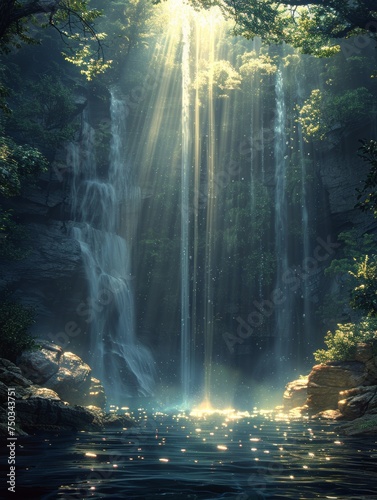 A waterfall with sunlight shining on it