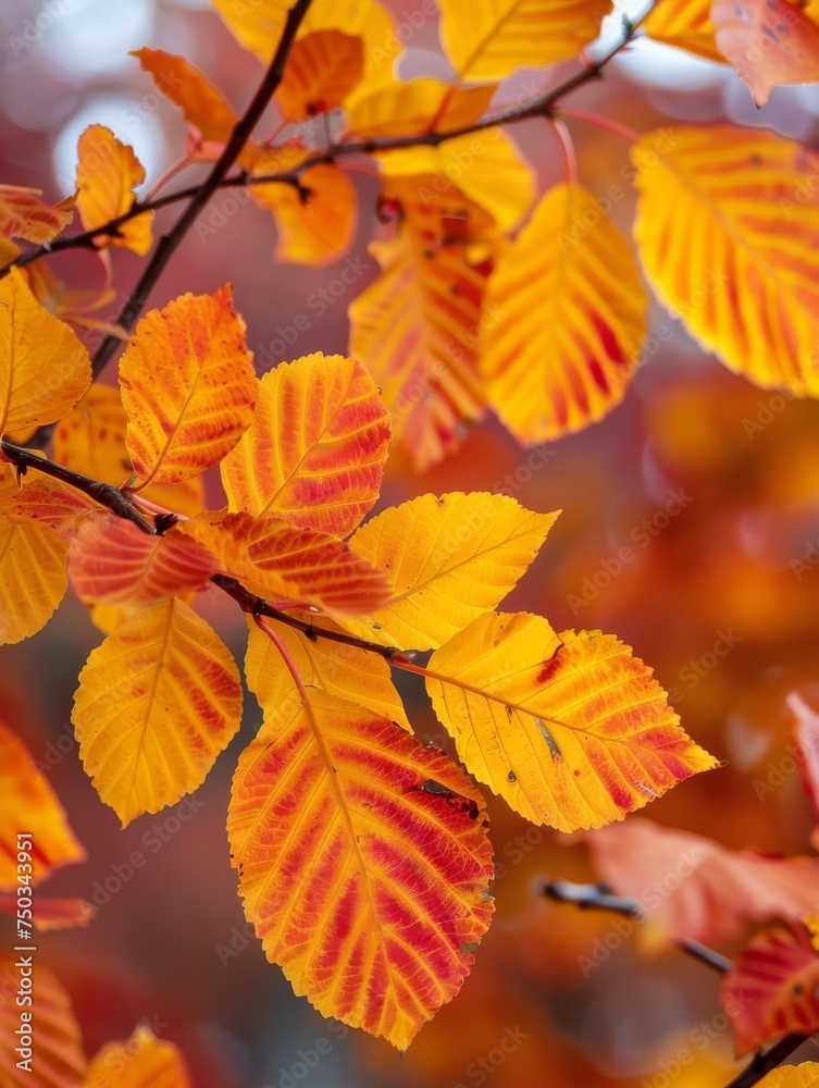 A tree branch is covered in orange leaves