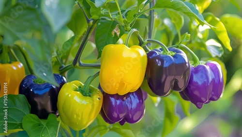 An ortment of colorful bell peppers ranging from deep purple to bright yellow hanging from a sy plant in the garden. photo