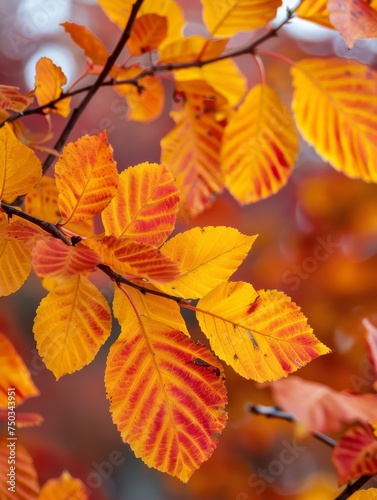 A tree branch is covered in orange leaves
