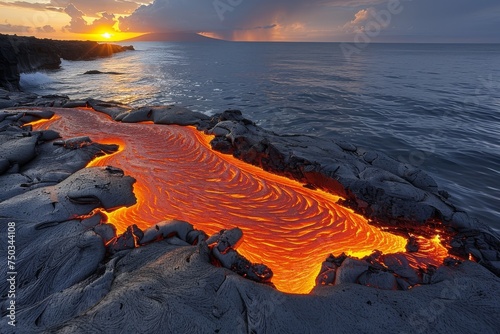 A lava pool is surrounded by rocks and water